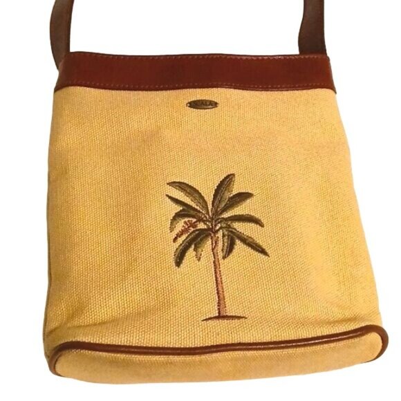 Scala Tan Canvas Palm Tree Bag Brown Leather Trim and‎ Adjustable Strap - Picture 3 of 12